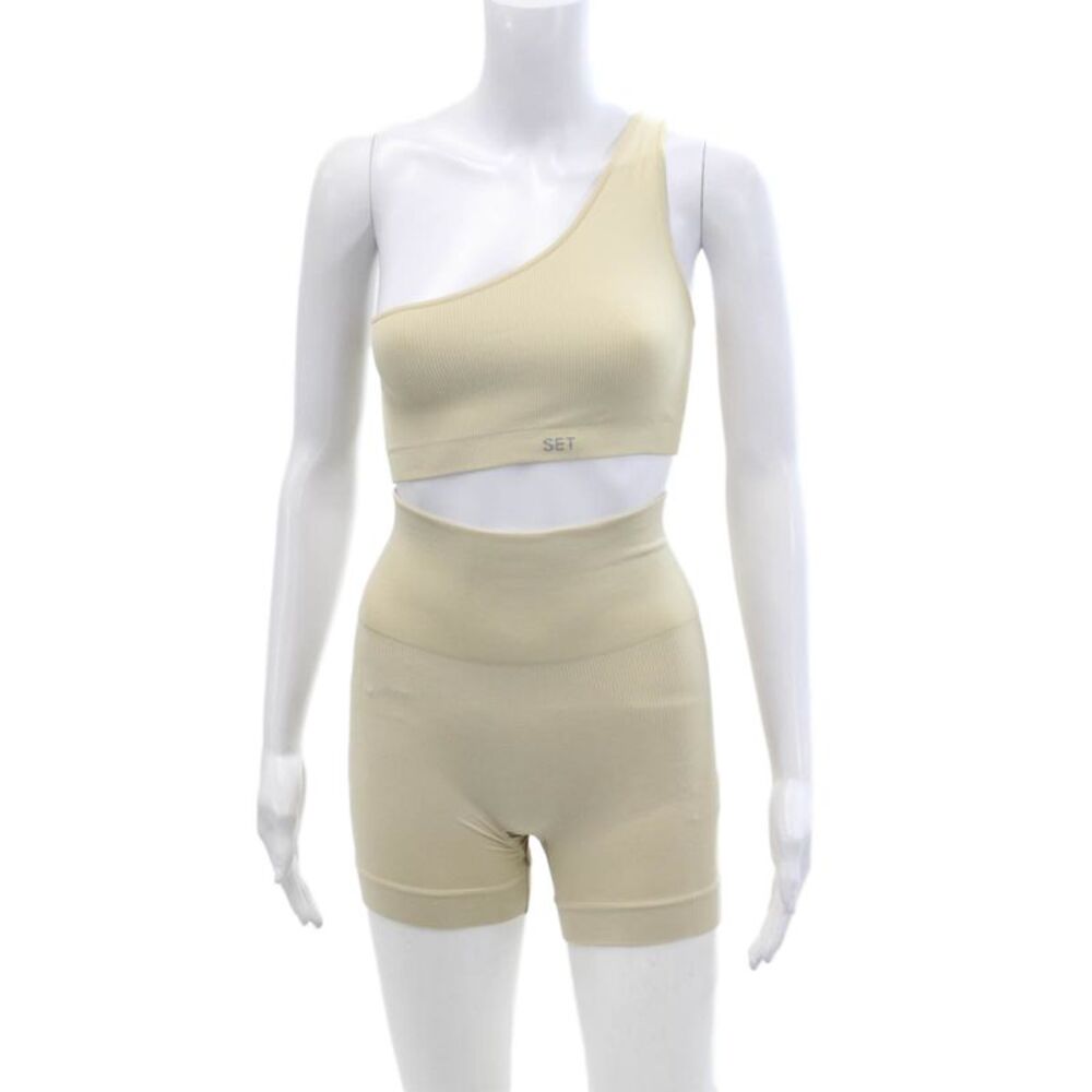 Set Womens Ribbed Pull On Bikers Shoes One Shoulder Sports Bra Beige Size XS